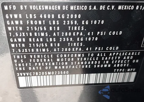 2025 Volkswagen Taos 1.5T Se из США, поврежденный, VIN 3VVVC7B20SM023560